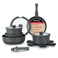 Bakken 15-Piece Non-Stick Granite Cookware Set with Detachable Handles – Black